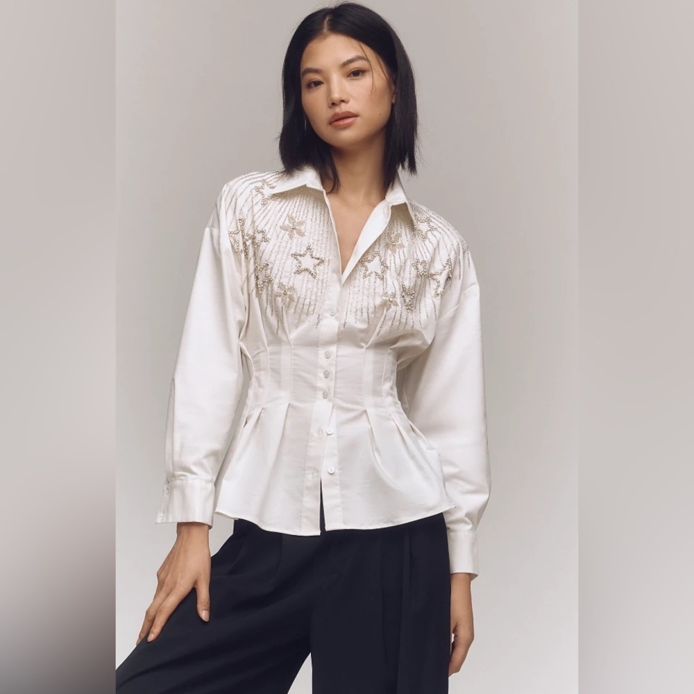 Anthropologie The Tobie Pleated Blouse by Exquise: Long-Sleeve Star Edition 2X